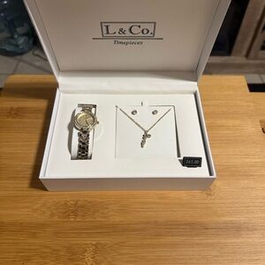 L&Co Timepiece Silver Necklace, Earring and Watch Set
